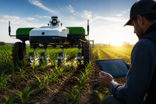 Étudiants en agro-business comparant un désherbeur intelligent et des données de parcelle agricole