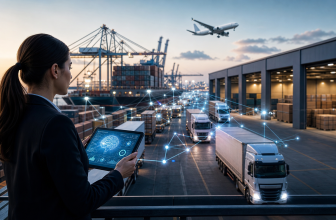 Opérateur logistique supervisant avec une IA les camions, quais et conteneurs d’un port africain