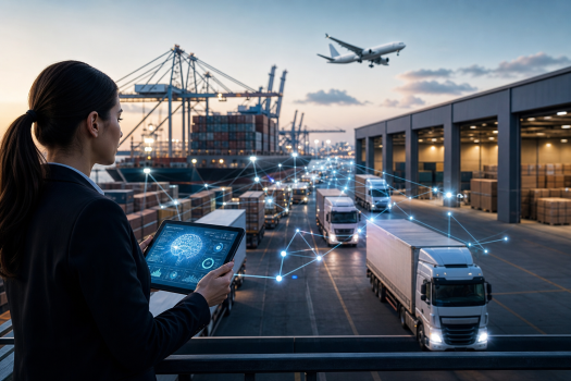 Opérateur logistique supervisant avec une IA les camions, quais et conteneurs d’un port africain