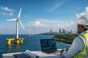 Éoliennes flottantes en mer et étudiants analysant un projet d’énergie renouvelable