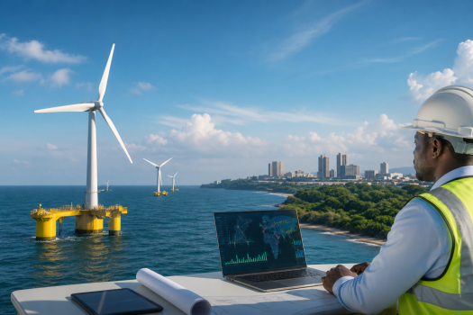 Éoliennes flottantes en mer et étudiants analysant un projet d’énergie renouvelable