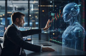 Conseiller financier surveillant un tableau de bord d’intelligence artificielle avec bouton d’arrêt