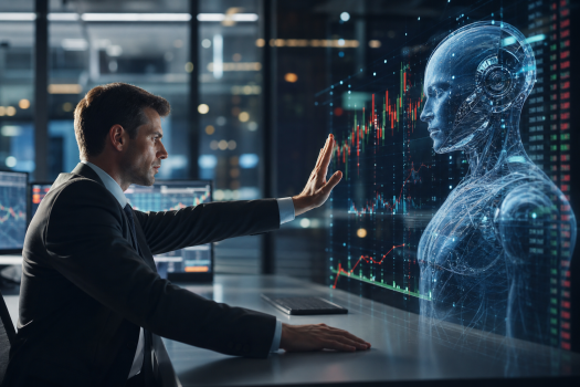 Conseiller financier surveillant un tableau de bord d’intelligence artificielle avec bouton d’arrêt