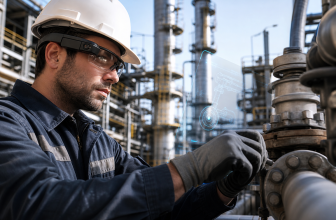 Technicien pétrole-gaz portant des lunettes connectées pendant une opération de maintenance en raffinerie