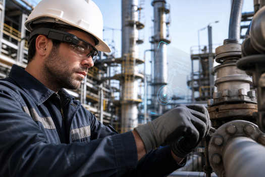 Oil-gas technician wearing smart glasses during a maintenance operation in a refinery