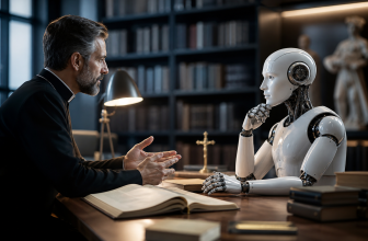 Étudiant en théologie consultant un outil d’intelligence artificielle avec prudence et validation humaine