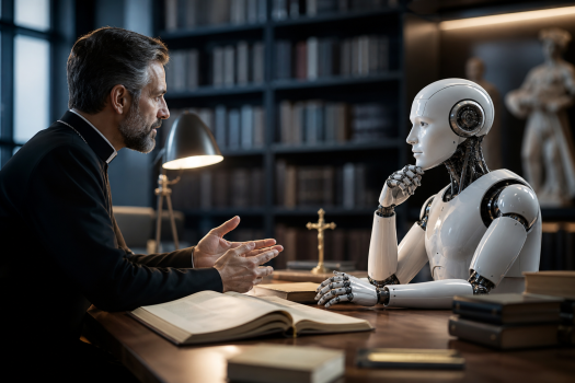 Étudiant en théologie consultant un outil d’intelligence artificielle avec prudence et validation humaine