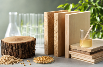 Joinery workshop with wood panels and control of technical sheets on formaldehyde-free adhesives