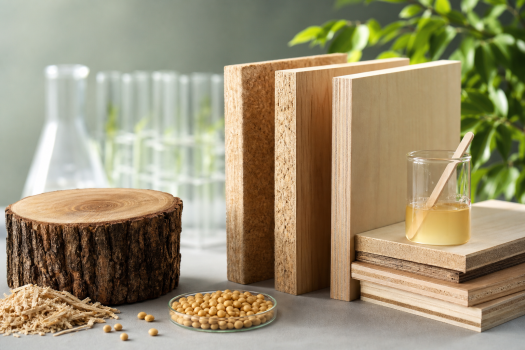 Atelier de menuiserie avec panneaux bois et contrôle de fiches techniques sur les colles sans formaldéhyde
