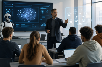 Enseignante préparant un cours universitaire avec un ordinateur et des consignes d’usage de l’intelligence artificielle