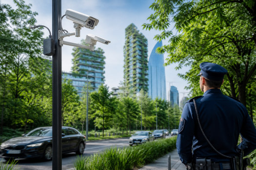 Police and water and forest agents analyzing a vehicle control with license plate cameras