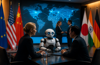 Robot d’accueil connecté dans une université, avec carte du monde et symboles de cybersécurité en arrière-plan