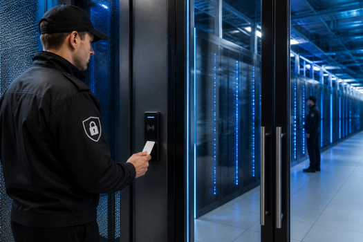 Agent de sécurité contrôlant l’accès à un local serveur dans un centre de données